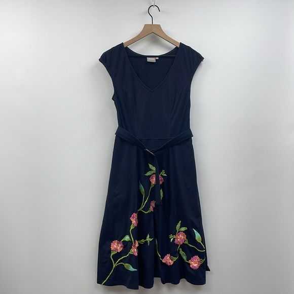 eShakti Embrodiered Floral Cap Sleeve A-Line Midi Dress Boho Navy Small - Picture 1 of 7